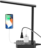 LED Desk Lamp, Drevet Desk Light with 1 USB Charging Port and 2 AC Power Outlet, 3 Lighting Modes, 3 Level Brightness,1H Timer, Touch Control, Eye-Caring Home Office Foldable Table Lamp (Black)