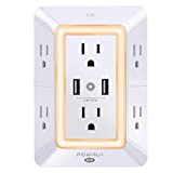 USB Wall Charger, Surge Protector, POWRUI 6-Outlet Extender with 2 USB Charging Ports (2.4A Total) and Night Light, 3-Sided Power Strip with Adapter Spaced Outlets - White,ETL Listed