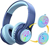 iClever TransNova Kids Bluetooth Headphones Light Up with Replaceable Plate, 74/85/94dB Volume Limited, 45H Playtime, Stereo Sound, Wireless Kids Headphones with Mic for School/Airplane/Tablet, Blue
