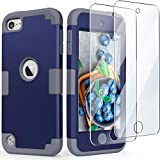 iPod Touch Armor Case with 2 Screen Protectors, IDweel 3 in 1 Hard PC Case + Silicone Shockproof for Kids Heavy Duty Hard Case Cover for 2019 iPod Touch 7th/6th/5th Generation, Navy Blue + Gray